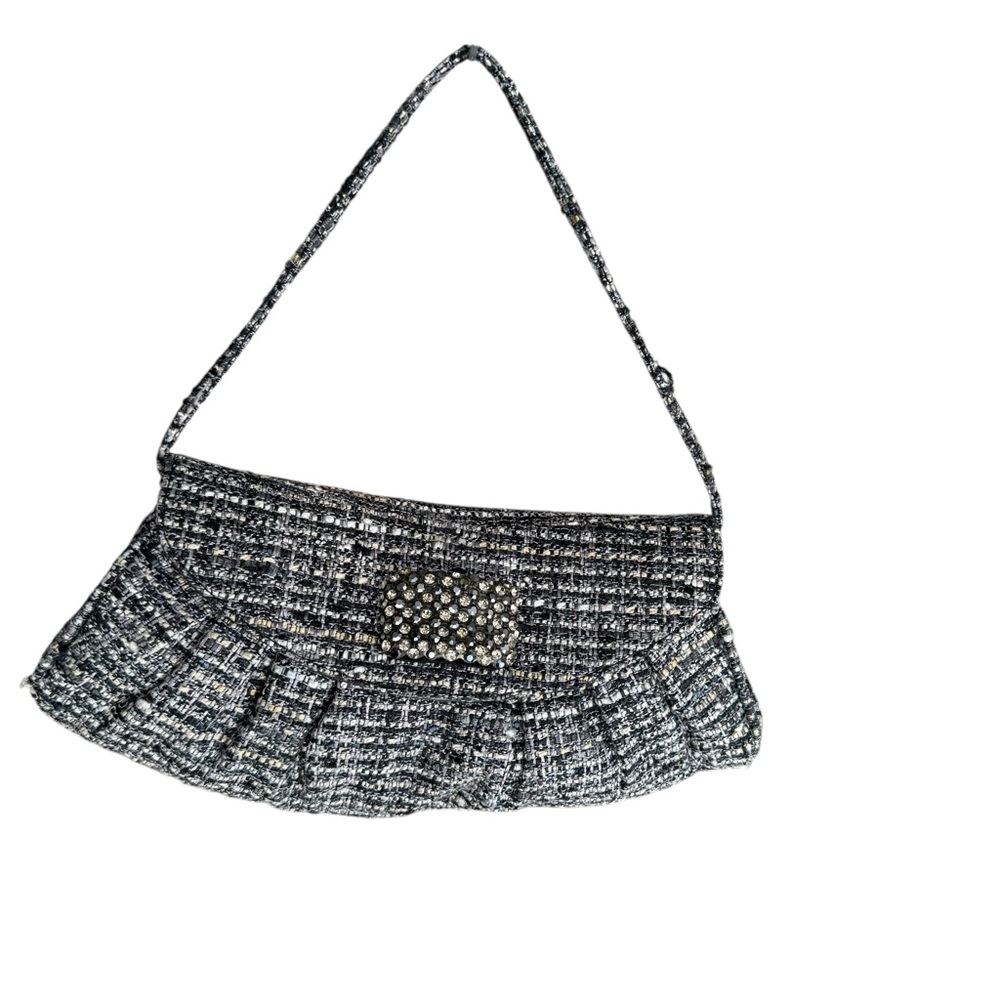NEW Stuart Weitzman Tweed Rhinestone Flap Bag Grey Small Shoulder Bag Clutch - Picture 12 of 15